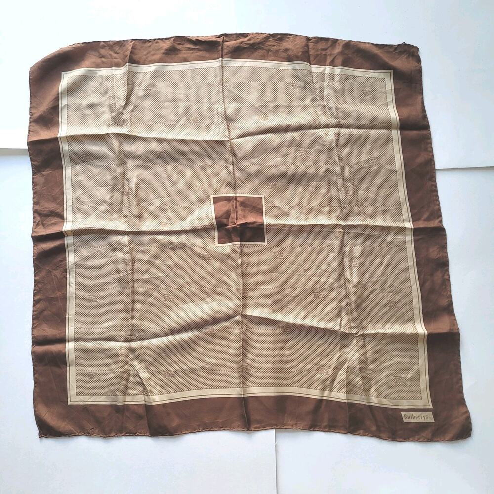 Burberry Vintage Silk Square Scarf Brown Tan Large Retro Classic Logo - Picture 2 of 6